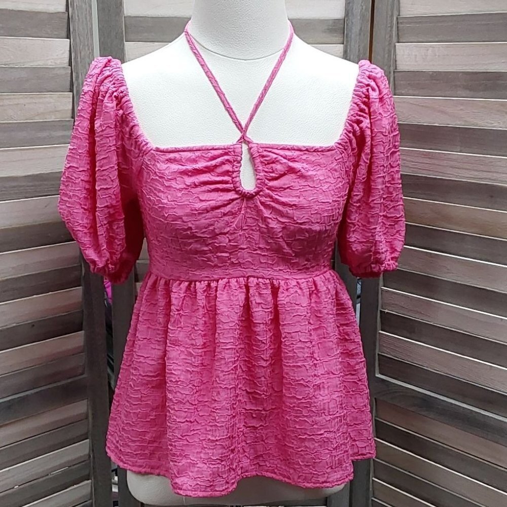 Women's Square Tie Neck Puffed Short Sleeve Top | Future Collective | X Small